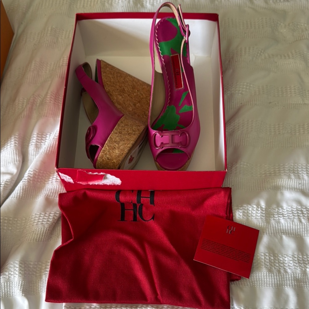 Authentic New Carolina herrera Hot Pink Cork Wedge Slingback Sandals size 37